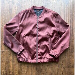 H&M Men's Bomber Jacket Medium Shiny Brick Brown Aviator Full Zip Lined Coat